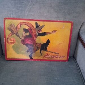 Vintage Halloween Witch and Cat Wall Art